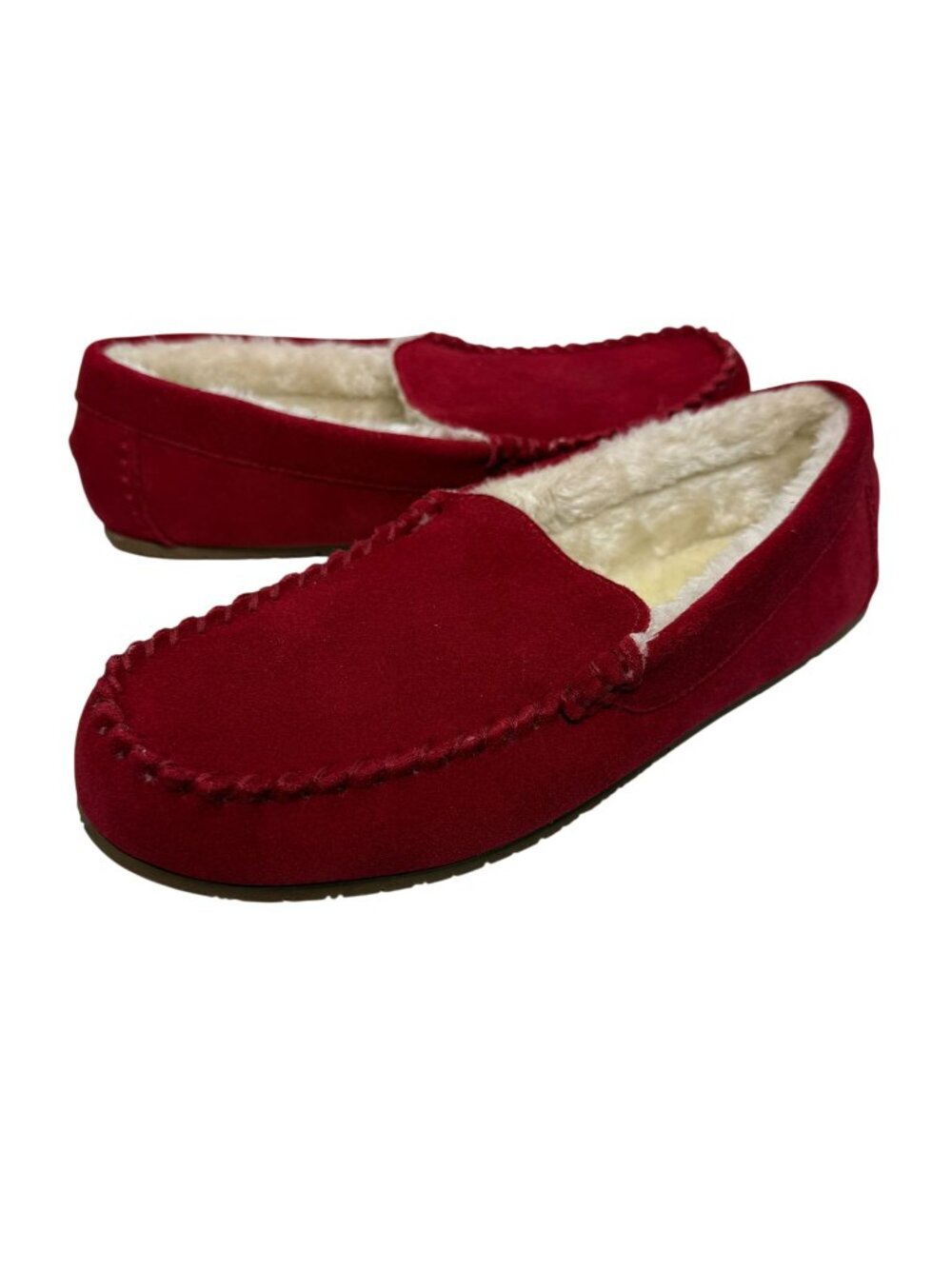 Lands End Womens 11 Red Suede Shearling Moccasin Slippers Cozy House Shoes